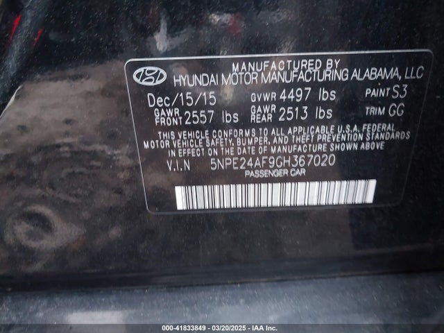 5NPE24AF9GH367020 Hyundai SONATA SE