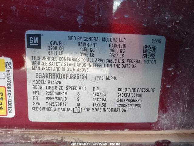5GAKRBKDXFJ336124 Buick Enclave Leather