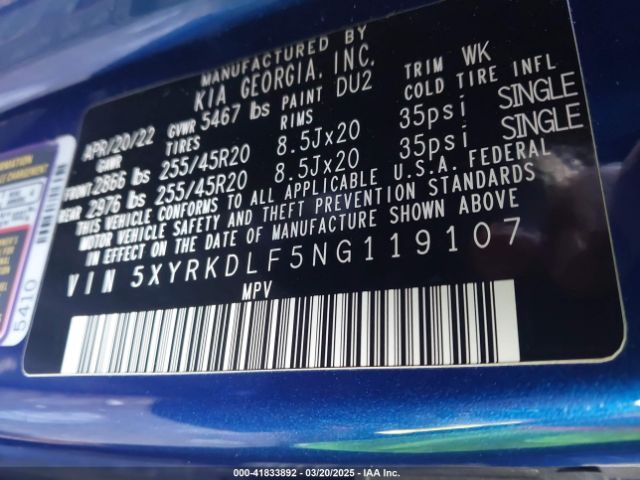 5XYRKDLF5NG119107 KIA SORENTO SX
