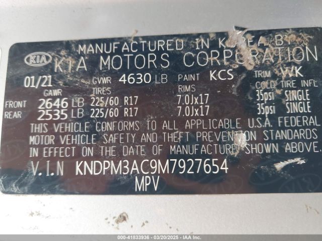 KNDPM3AC9M7927654 KIA Sportage Lx