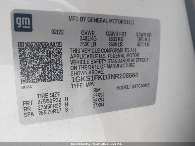 1GKS1FKD3NR208664 GMC Yukon Xl 2wd Sle