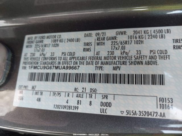 1FMCU9G67MUA99667 Ford ESCAPE SE