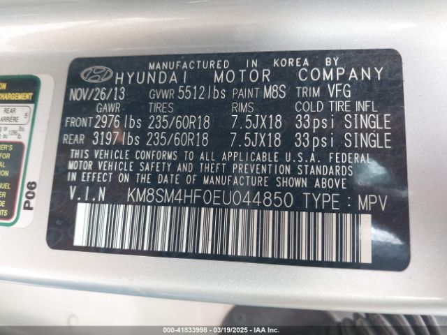 KM8SM4HF0EU044850 Hyundai Santa Fe Gls