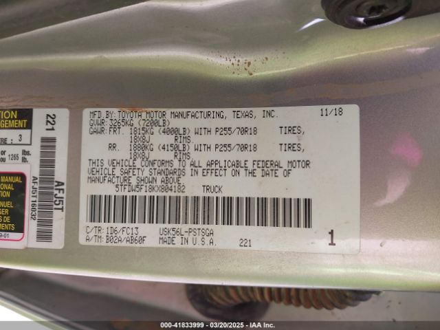 5TFDW5F18KX804182 Toyota Tundra Sr5 5.7l V8