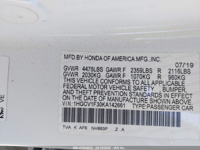 1HGCV1F30KA142661 Honda Accord Sport