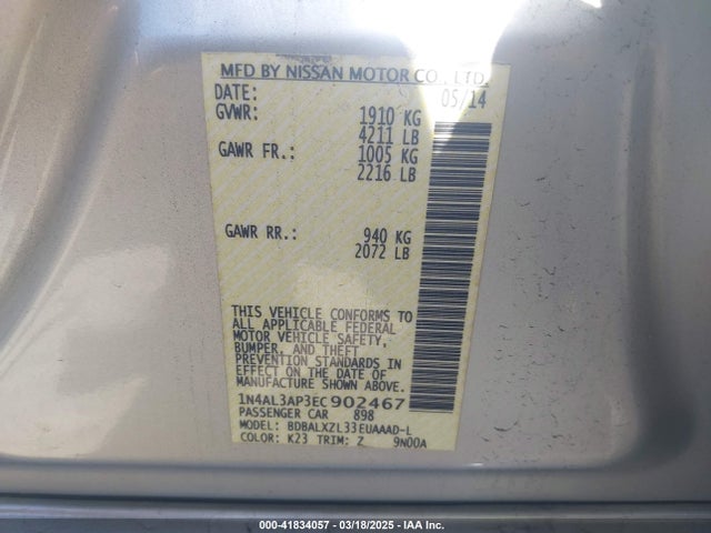 1N4AL3AP3EC902467 Nissan Altima 2.5 Sl