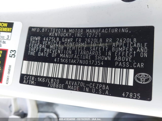4T1K61AK7NU017354 Toyota CAMRY XSE