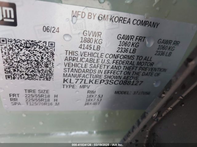 KL77LKEP3SC088127 Chevrolet Trax Fwd Activ