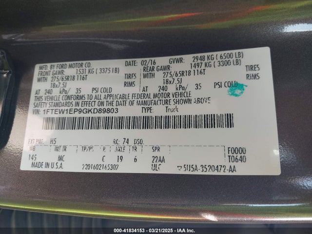 1FTEW1EP9GKD89803 Ford F-150 Xlt