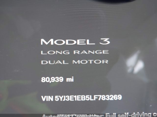5YJ3E1EB5LF783269 Tesla Model 3 Long Range Dual Motor All-wheel Drive