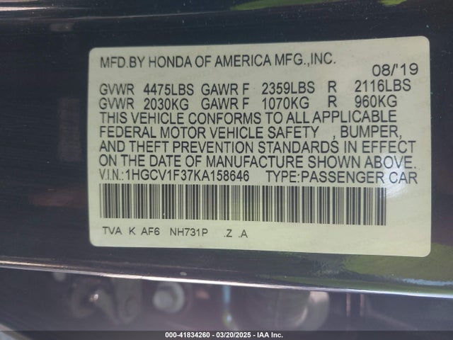 Продажа на аукционе авто 2019 Honda Accord Sport, vin: 1HGCV1F37KA158646, номер лота: 41834260