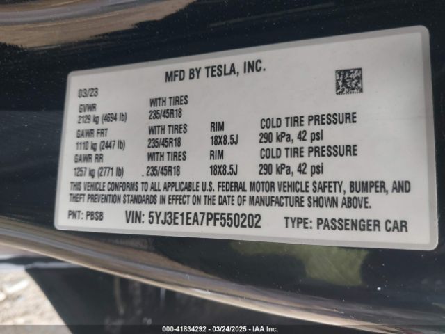 5YJ3E1EA7PF550202 Tesla Model 3 Rear-wheel Drive
