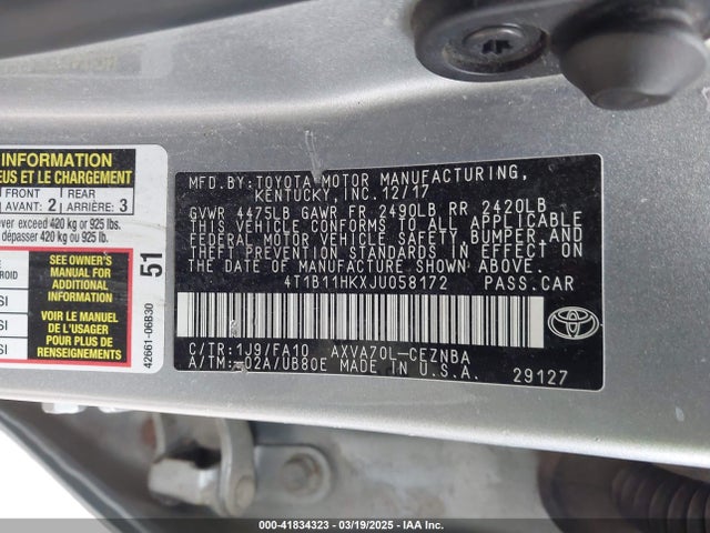 4T1B11HKXJU058172 Toyota CAMRY LE