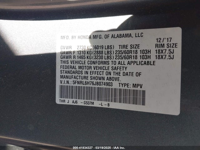 5FNRL6H76JB074903 Honda Odyssey Ex-l