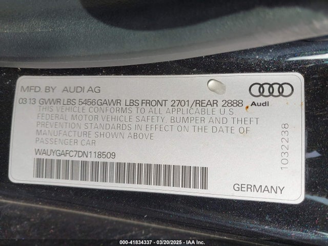 2013 Audi A7 3.0t Premium მანქანა იყიდება აუქციონზე, vin: WAUYGAFC7DN118509, აუქციონის ნომერი: 41834337