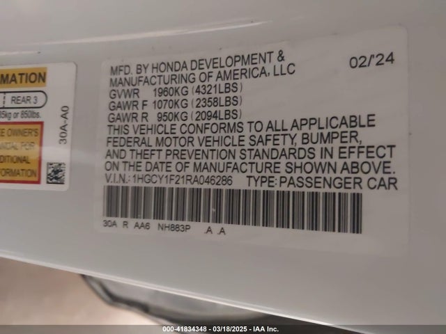 1HGCY1F21RA046286 Honda ACCORD LX