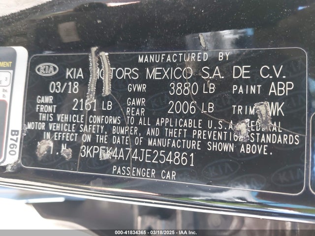 3KPFK4A74JE254861 KIA FORTE LX