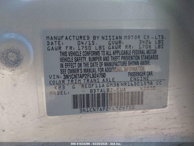 3N1CN7AP2FL924750 Nissan Versa 1.6 Sv