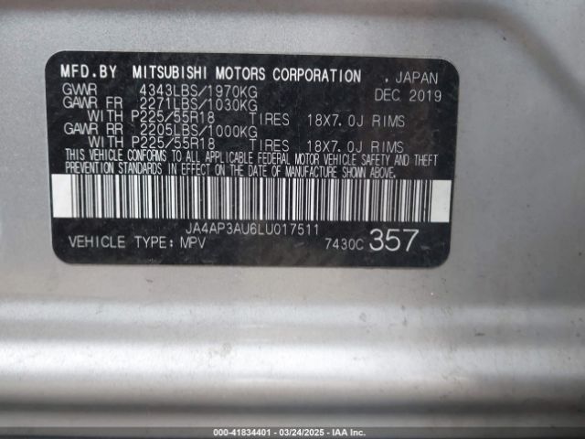 JA4AP3AU6LU017511 Mitsubishi Outlander Sport 2.0 Be/2.0 Es/2.0 Sp