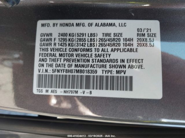 5FNYF8H07MB018359 Honda Passport Awd Elite