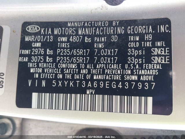 5XYKT3A69EG437937 KIA SORENTO LX