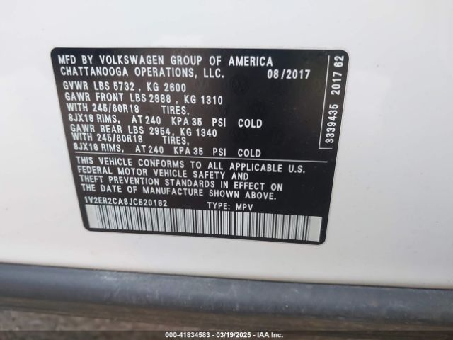 1V2ER2CA8JC520182 Volkswagen Atlas 3.6l V6 Sel