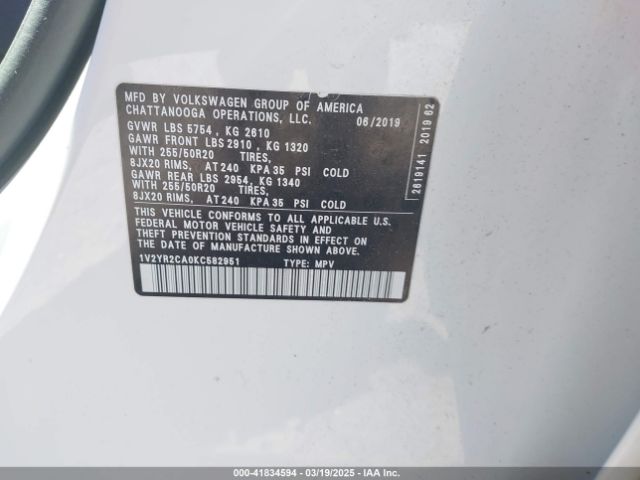 1V2YR2CA0KC582951 Volkswagen Atlas 3.6l V6 Se W/technology R-line