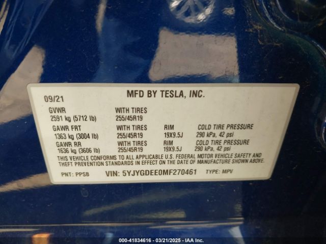 5YJYGDEE0MF270461 Tesla Model Y Long Range Dual Motor All-wheel Drive