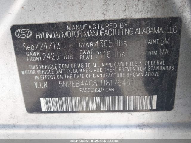 5NPEB4AC8EH817646 Hyundai SONATA GLS