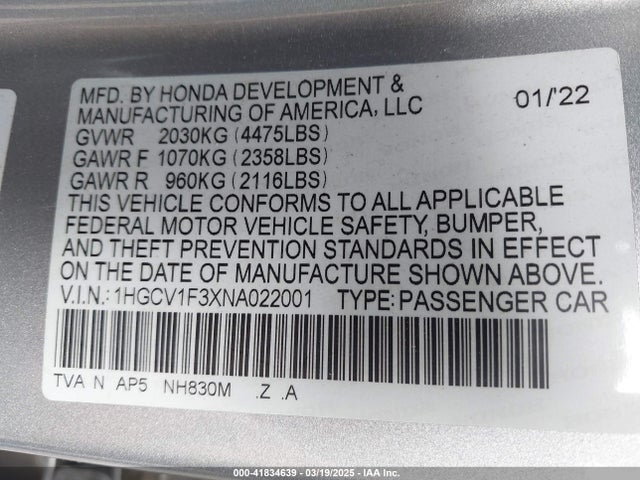 1HGCV1F3XNA022001 Honda Accord Sport