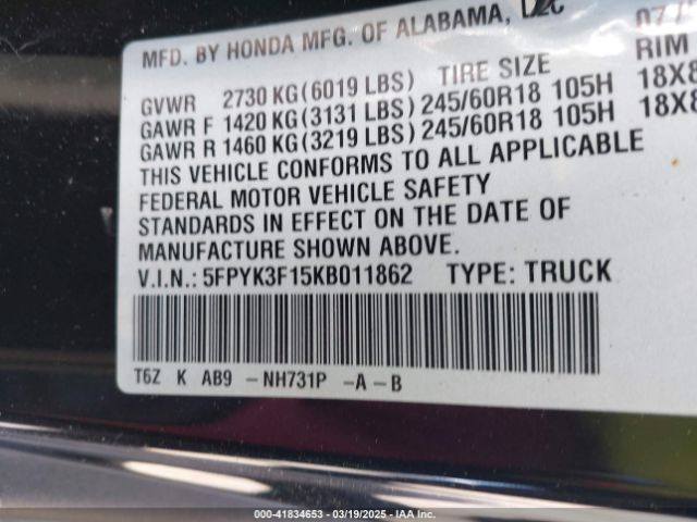 5FPYK3F15KB011862 Honda Ridgeline Sport