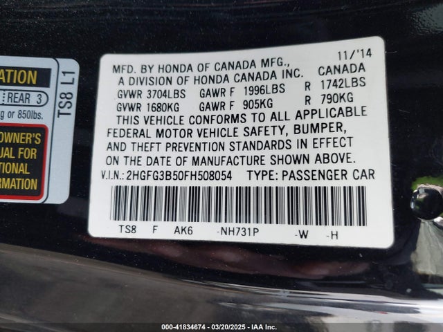 Honda Civic Lx 2015 2HGFG3B50FH508054 Image 9