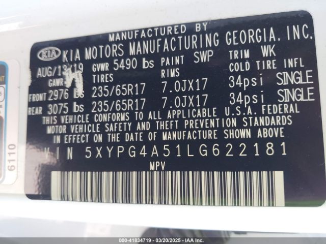 5XYPG4A51LG622181 KIA Sorento 3.3l Lx