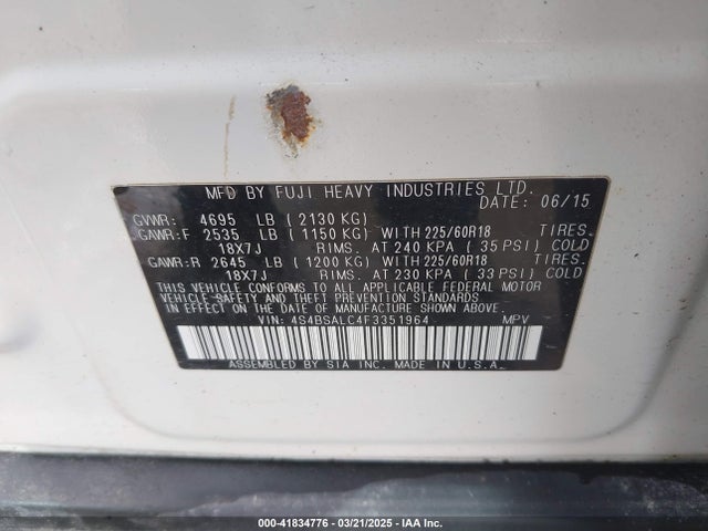 Subaru 2.5l u5 2015 4S4BSALC4F3351964 Image 9