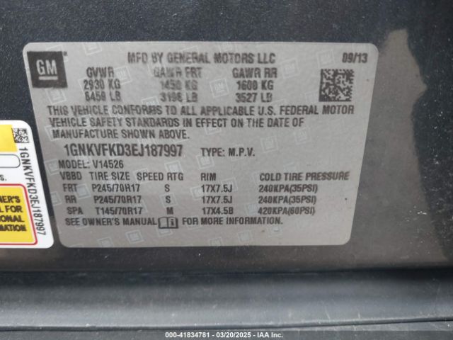1GNKVFKD3EJ187997 Chevrolet Traverse Ls