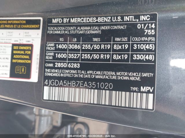 4JGDA5HB7EA351020 Mercedes-Benz Ml 350 4matic