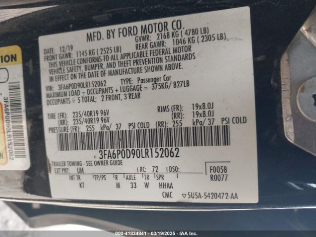 2020 FORD FUSION 3FA6P0D90LR152062 Photo 8