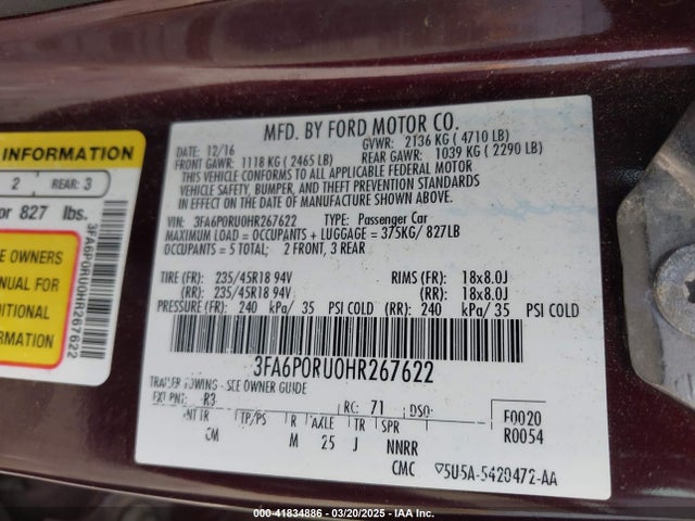 Ford 2.0l 4v atk hev 2017 3FA6P0RU0HR267622 Image 9