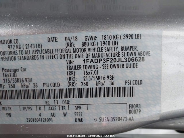 1FADP3F20JL306628 Ford FOCUS SE