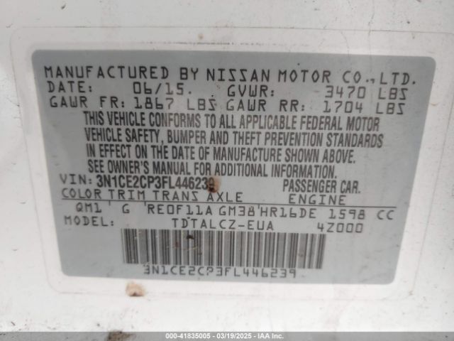 3N1CE2CP3FL446239 Nissan Versa Note S Plus