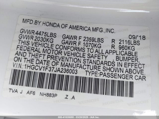 1HGCV1F37JA236003 Honda Accord Sport