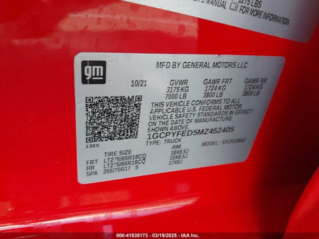 1GCPYFED5MZ452405 Chevrolet Silverado 1500 4wd  Short Bed Lt Trail Boss