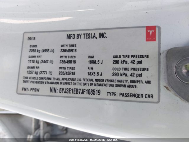 5YJ3E1EB7JF108519 Tesla Model 3 Long Range/performance