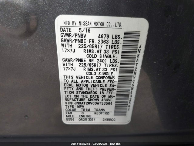JN8AT2MV6GW133564 Nissan ROGUE SV