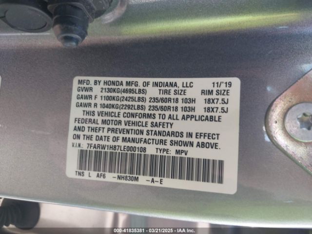 7FARW1H87LE000108 Honda Cr-v 2wd Ex-l