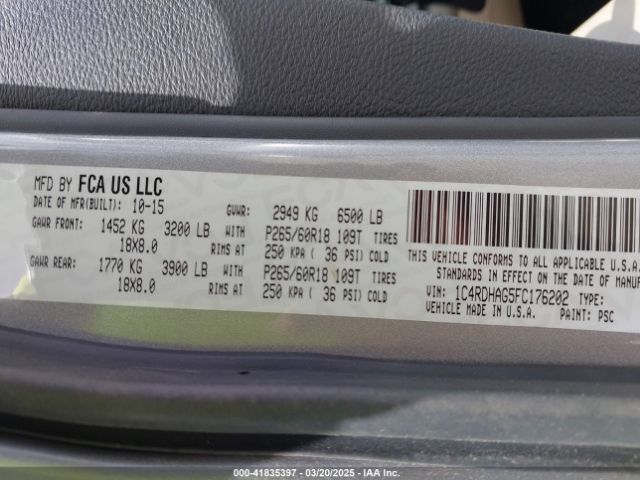 1C4RDHAG5FC176202 Dodge Durango Sxt