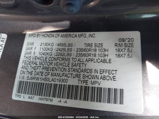 5J6RW1H50LA019300 Honda Cr-v 2wd Ex