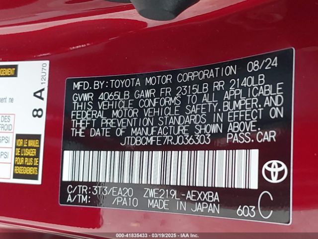 JTDBCMFE7RJ036303 Toyota Corolla Hybrid Xle