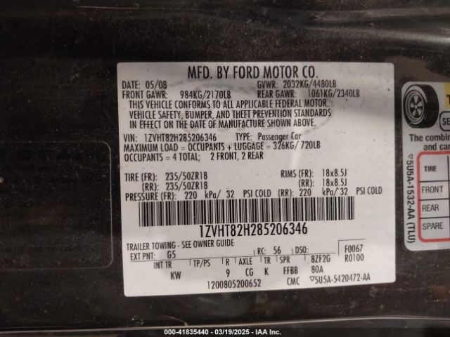2008 FORD MUSTANG 1ZVHT82H285206346 Photo 8