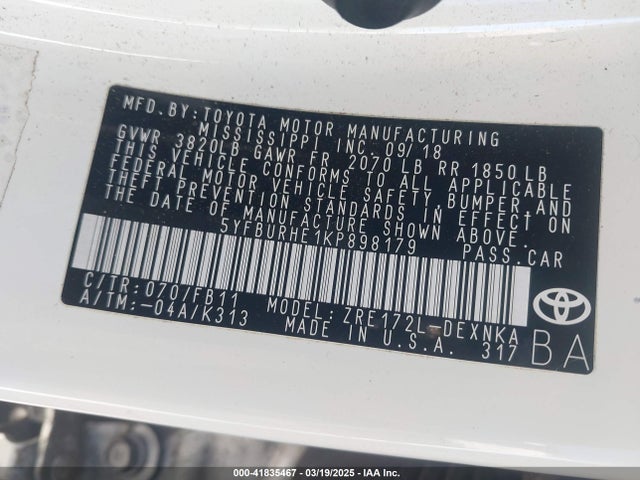 Toyota COROLLA LE 2019 5YFBURHE1KP898179 Image 9